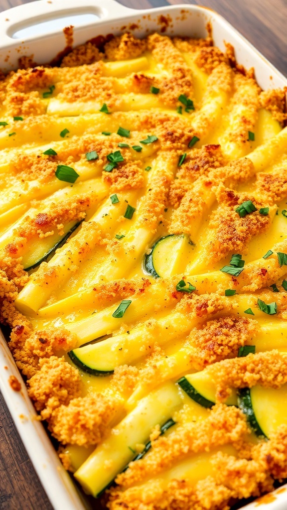 Cheesy baked zucchini casserole with golden breadcrumbs and fresh parsley on a wooden table.